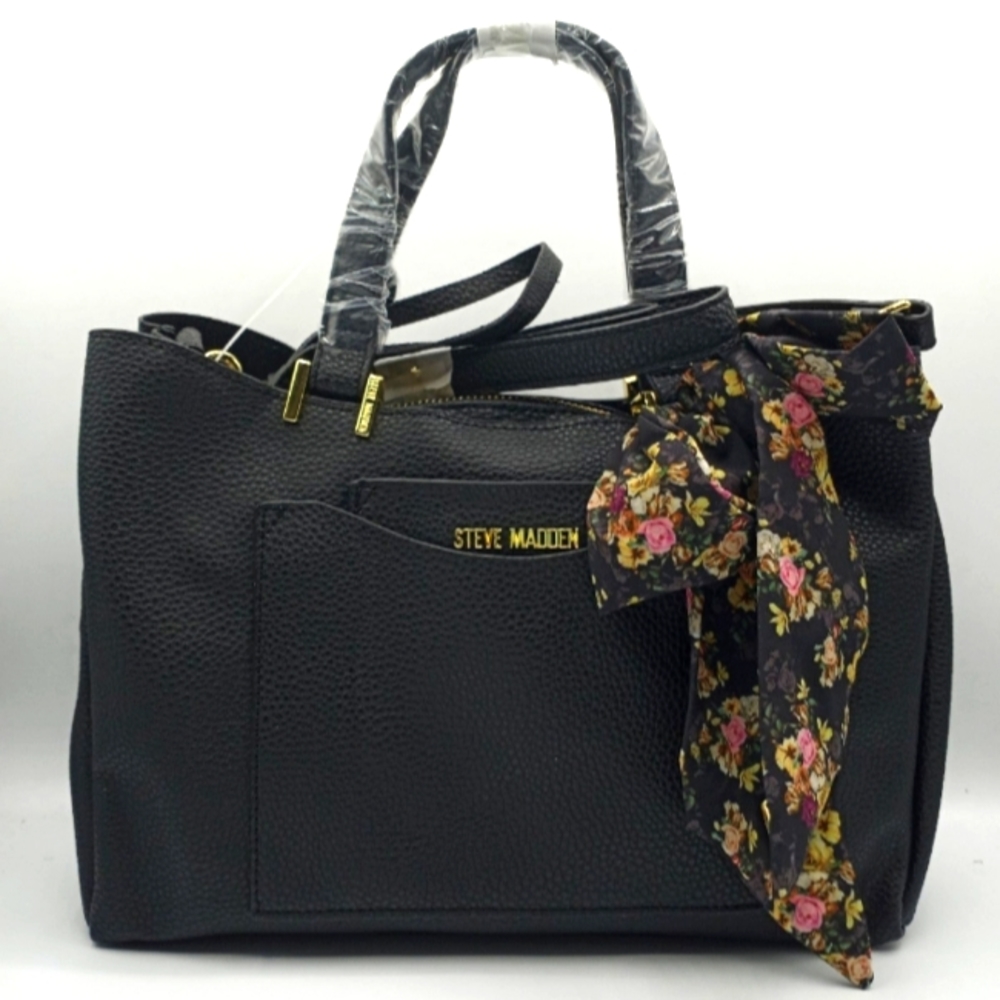 Steve Madden BParker Black Tote Crossbody Handbag Logo Scarf Hair Neck Tie